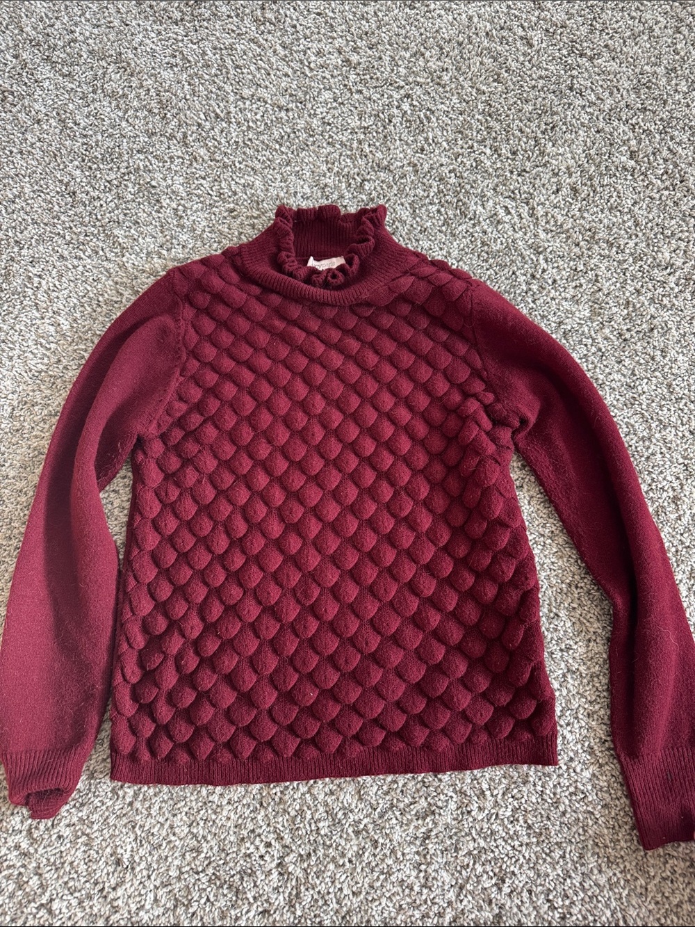 Lucy Paris Burgundy Popcorn Bubble Knit Ruffle Mock Neck Sweater